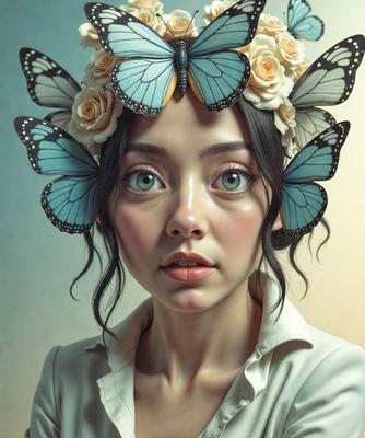 The primary subject of the image is a woman wearing a flower crown and a white shirt. She has a flower in her hair and is surrounded by multiple butterfly clips. The setting appears to be a studio or a similar indoor environment. The visual style is a combination of photography and digital art, creating a unique and artistic representation of the woman. The colors and mood of the image are predominantly white and pastel, giving it a soft and delicate appearance.